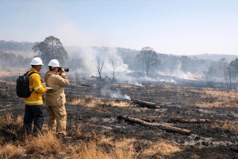 Authorised wildfire investigators surveying a burnt Australian grassland scene
