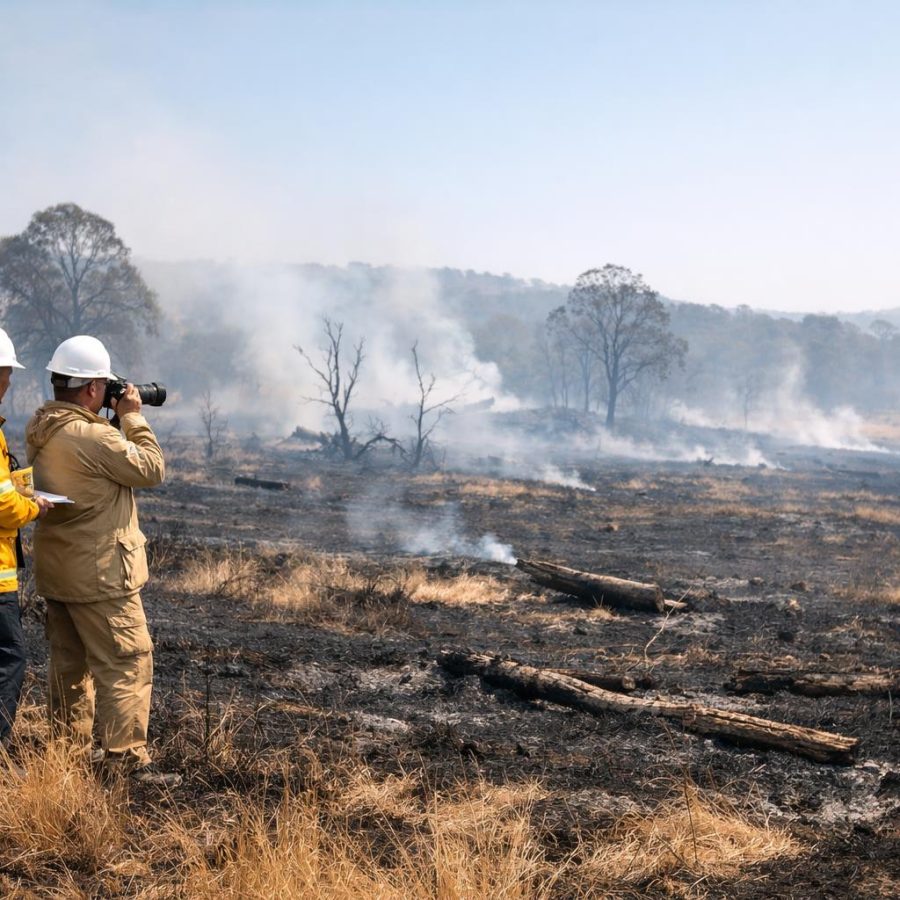Authorised wildfire investigators surveying a burnt Australian grassland scene