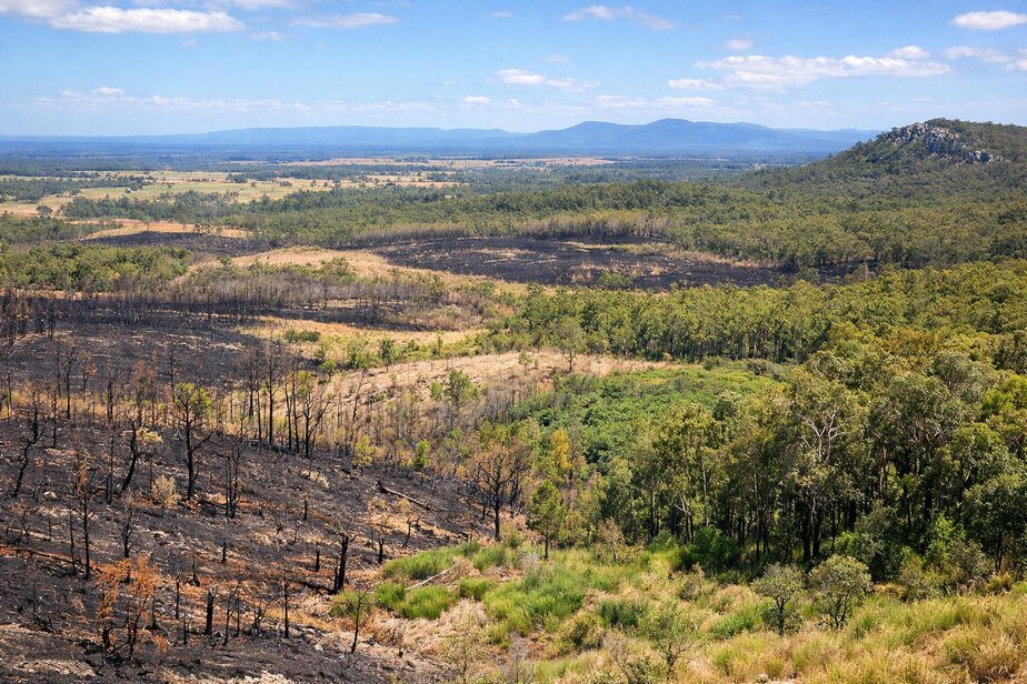 Patchwork landscape showing burnt and unburnt areas in a mosaic fire management pattern.