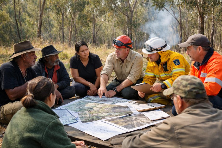 Traditional Owners, firefighters, planners and a community representative discussing prescribed burning plans outdoors.