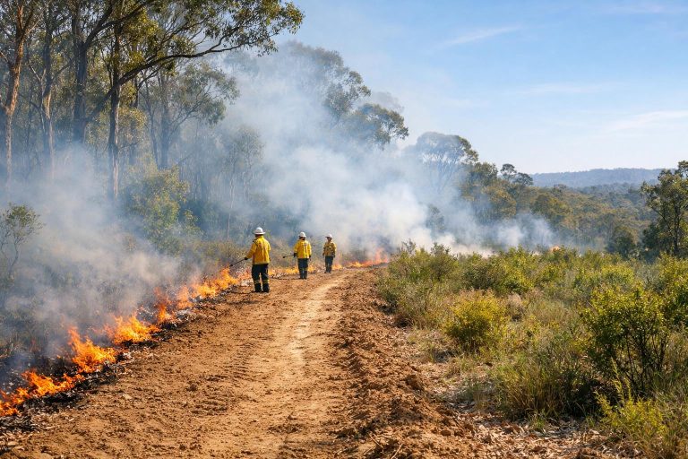 Carefully managed prescribed burn in Australian bushland with light smoke and trained personnel at a safe distance.