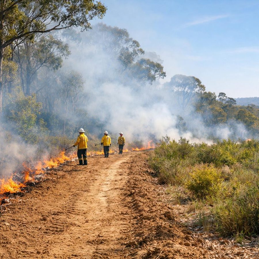 Carefully managed prescribed burn in Australian bushland with light smoke and trained personnel at a safe distance.