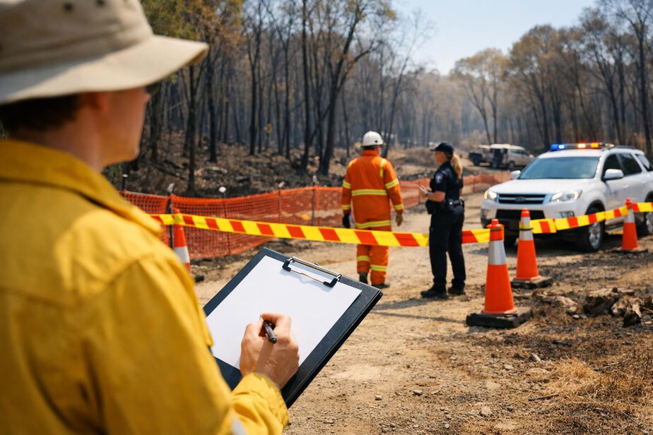 Investigator recording authorised entry at a wildfire scene checkpoint.