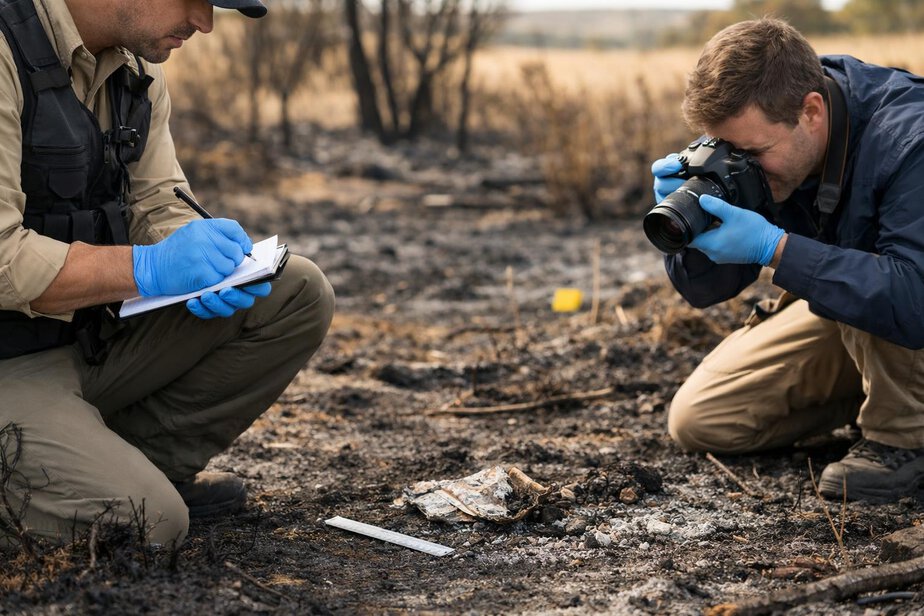 Investigators documenting fragile evidence in burnt grassland without disturbing it.