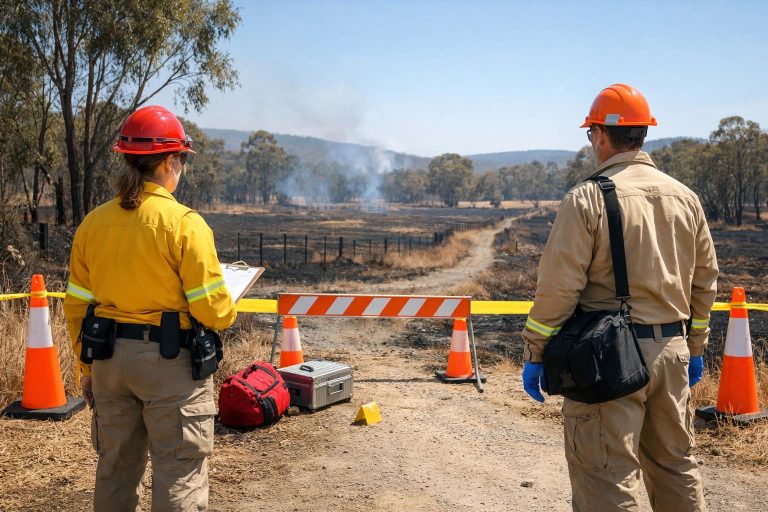 Authorised investigators standing near a controlled entry point at a secured wildfire scene beside a rural road.
