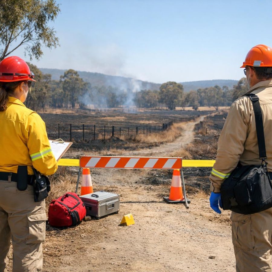 Authorised investigators standing near a controlled entry point at a secured wildfire scene beside a rural road.