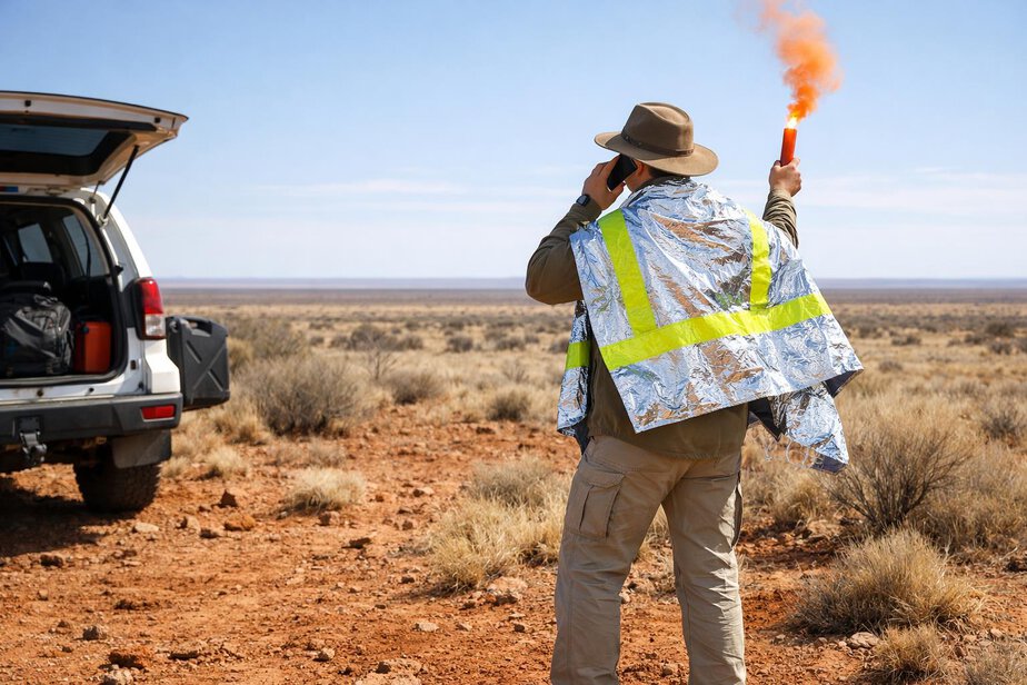 A person beside a vehicle using a phone and signalling for help in the outback.