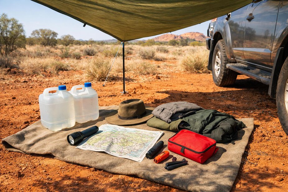 A survival kit laid out beside a vehicle with shade, water, torch, map and first aid supplies.