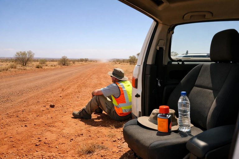 A parked vehicle and survival gear in a remote Australian outback setting with one person waiting in shade.