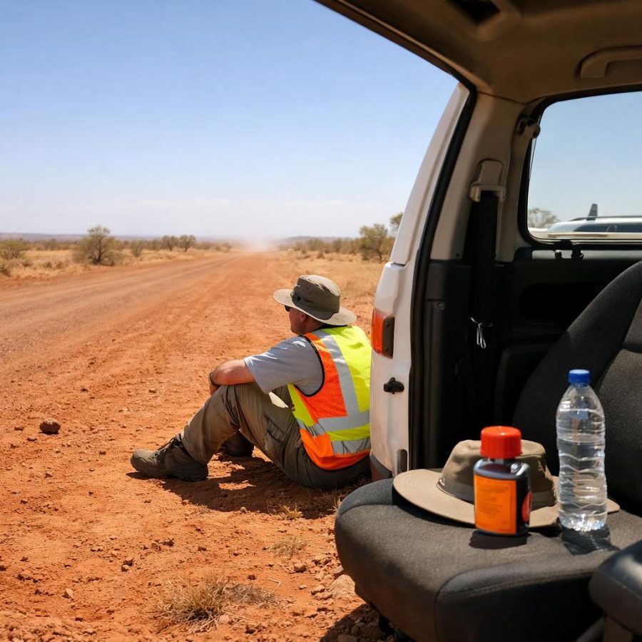 A parked vehicle and survival gear in a remote Australian outback setting with one person waiting in shade.