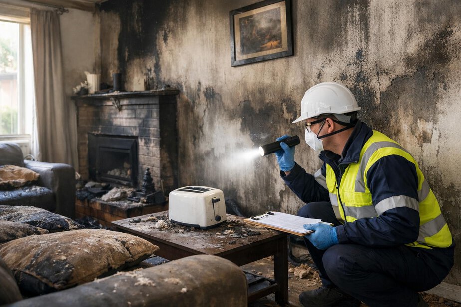 Smoke-affected living room being assessed by a qualified restoration professional.