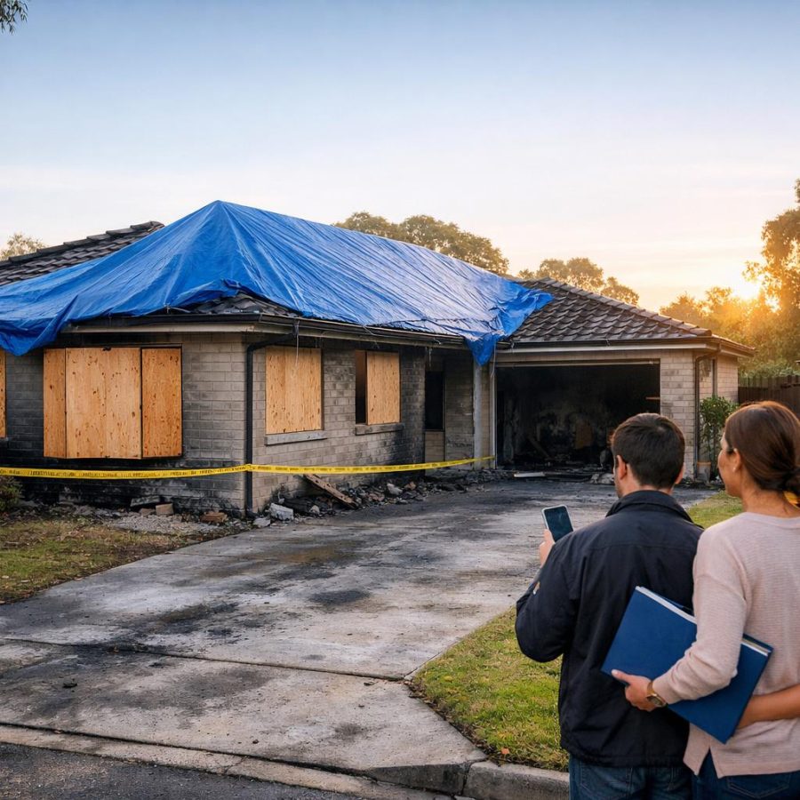 Fire-damaged suburban house with temporary boarding and a family standing at a safe distance.