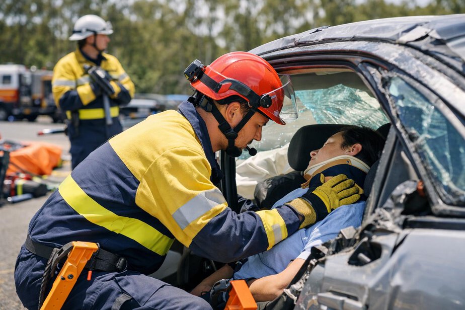 Rescuer speaking to a simulated casualty in a stabilised vehicle during training