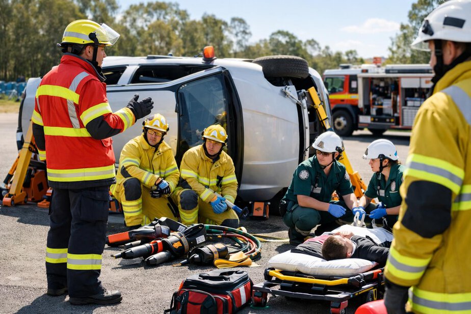 Rescue team briefing beside a stabilised vehicle during a training exercise