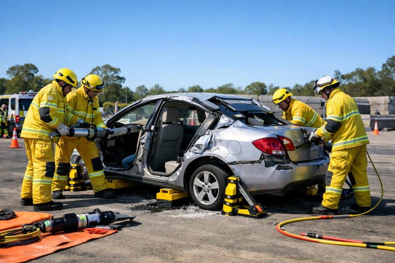 Australian rescuers in PPE working around a stabilised damaged vehicle during road crash rescue training