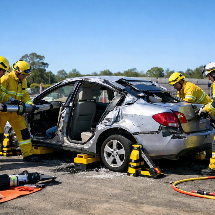 Australian rescuers in PPE working around a stabilised damaged vehicle during road crash rescue training