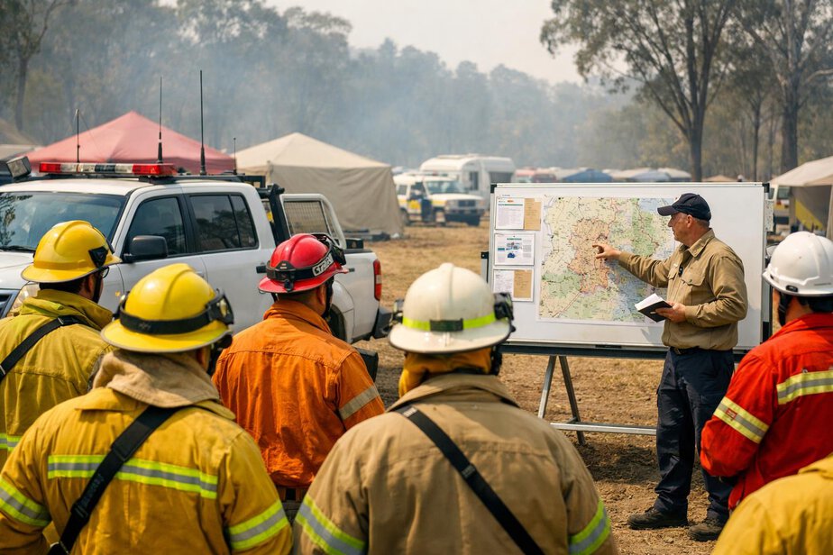 Crew members receiving a briefing beside a vehicle and map board.
