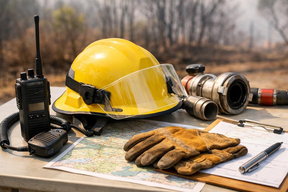 Operational support items including a radio, helmet, hose fittings and a map on a table.