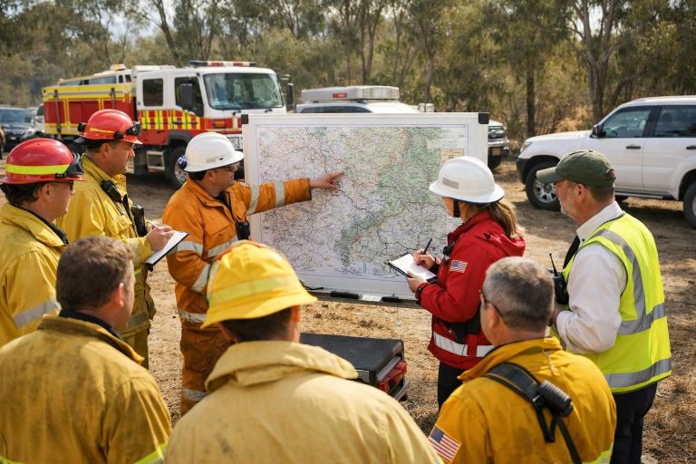 Firefighters and incident managers gathered around a map at a bushfire staging area.