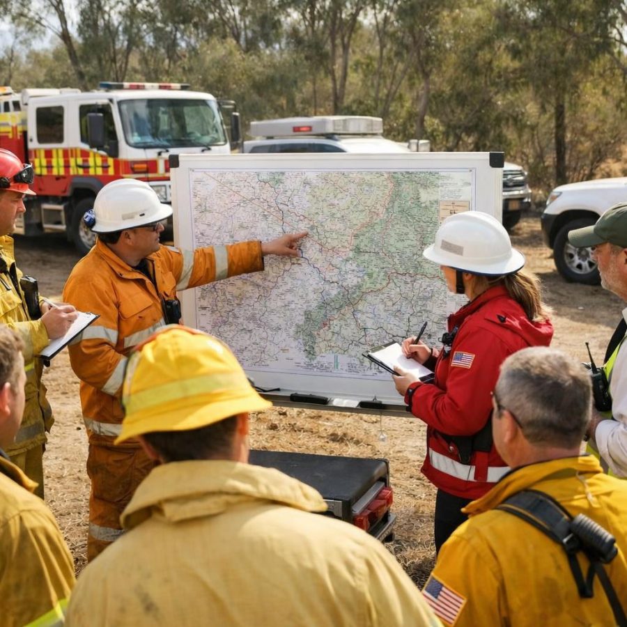 Firefighters and incident managers gathered around a map at a bushfire staging area.