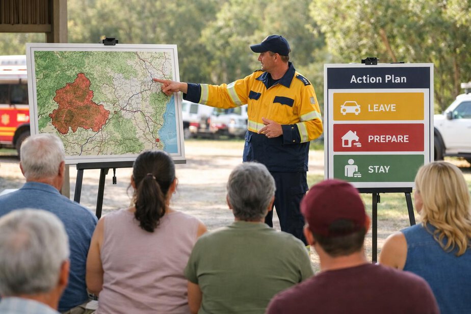 An emergency worker explaining a warning area on a map to community members.