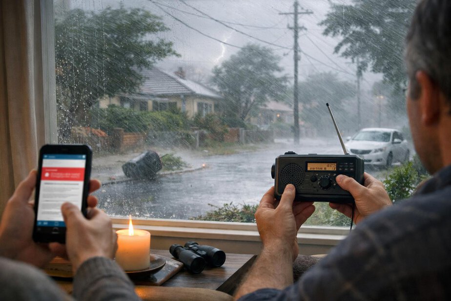 Residents checking official alerts indoors during severe weather.