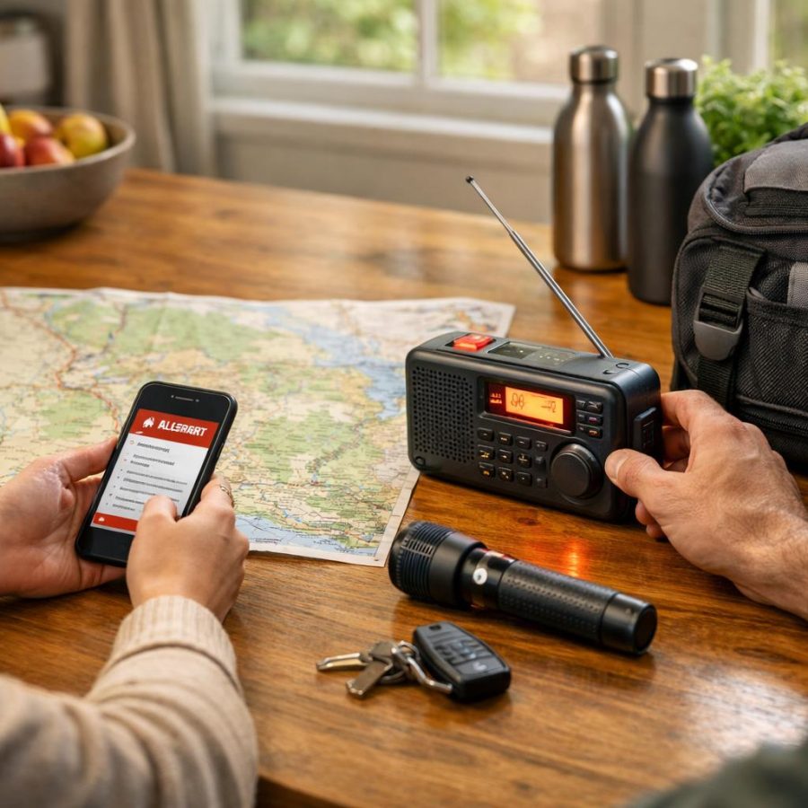 A family preparing to respond to an emergency warning with a phone, radio and emergency supplies on a table.