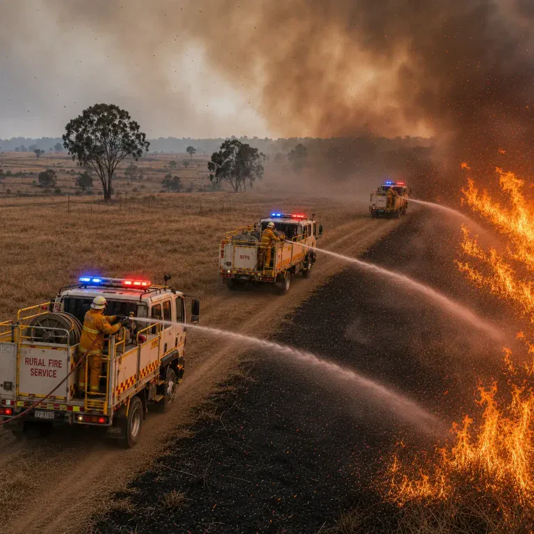 Several fire tankers working together along a grassfire edge with firefighters in protective gear