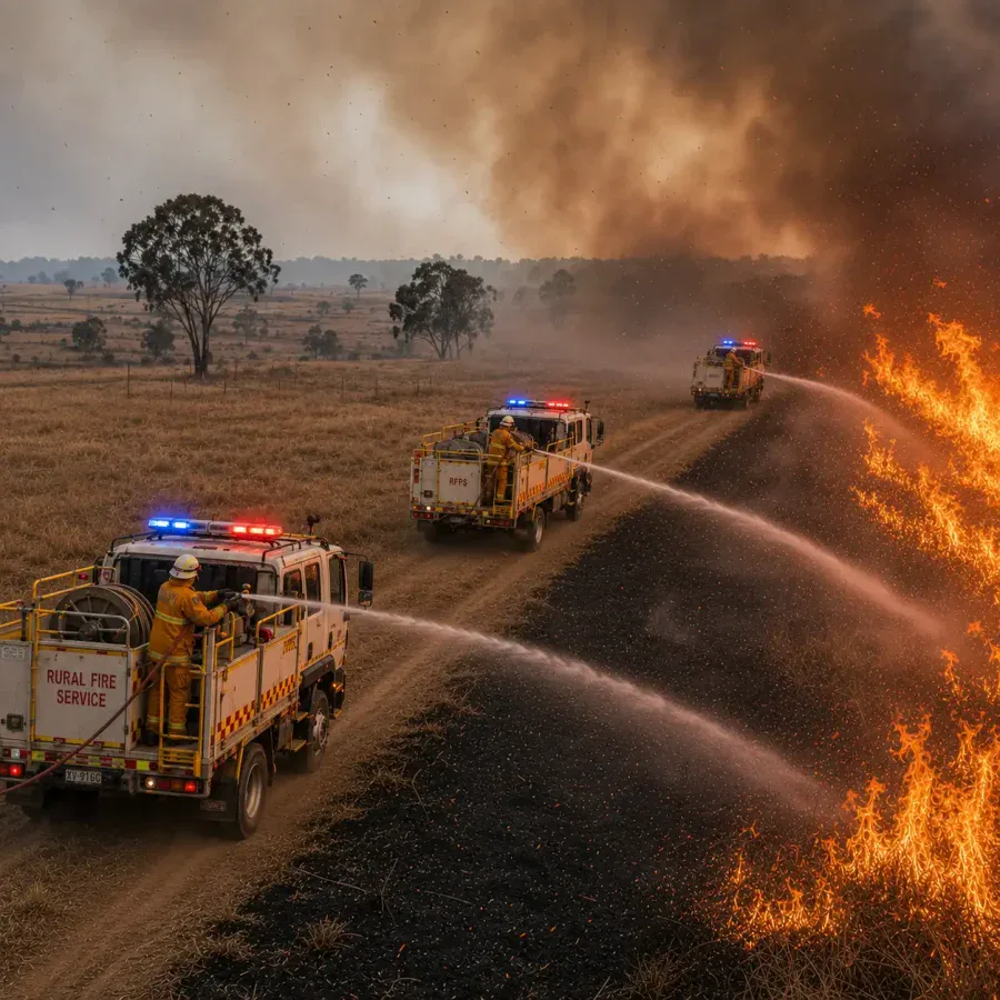 Several fire tankers working together along a grassfire edge with firefighters in protective gear