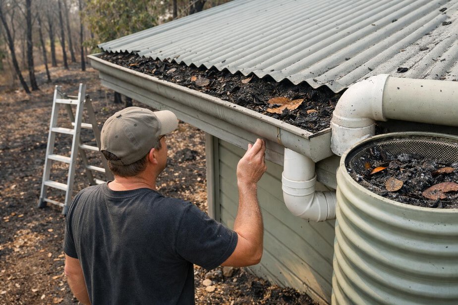 Ash and debris in gutters beside a rainwater roof catchment