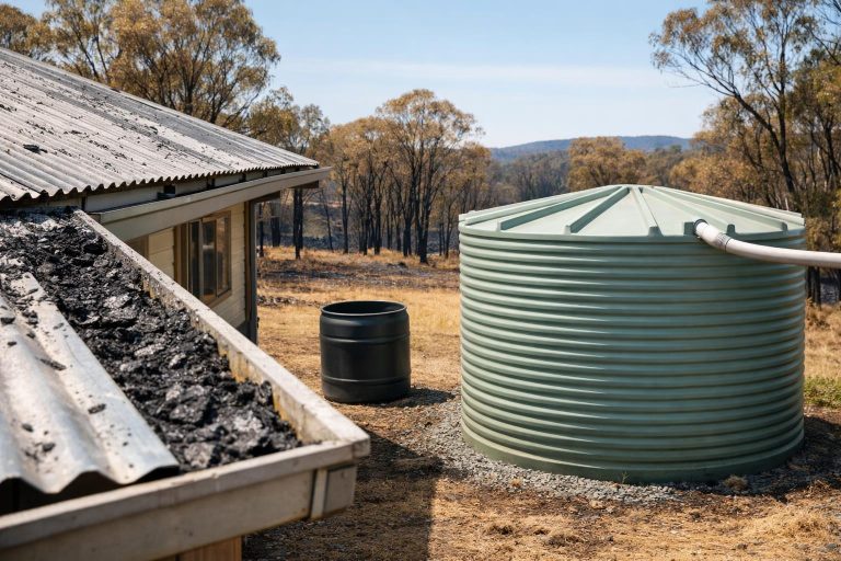 Rural house with rainwater tank, ash on roof and gutters after a bushfire