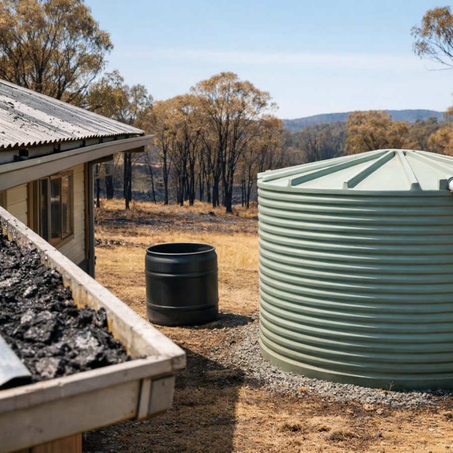 Rural house with rainwater tank, ash on roof and gutters after a bushfire