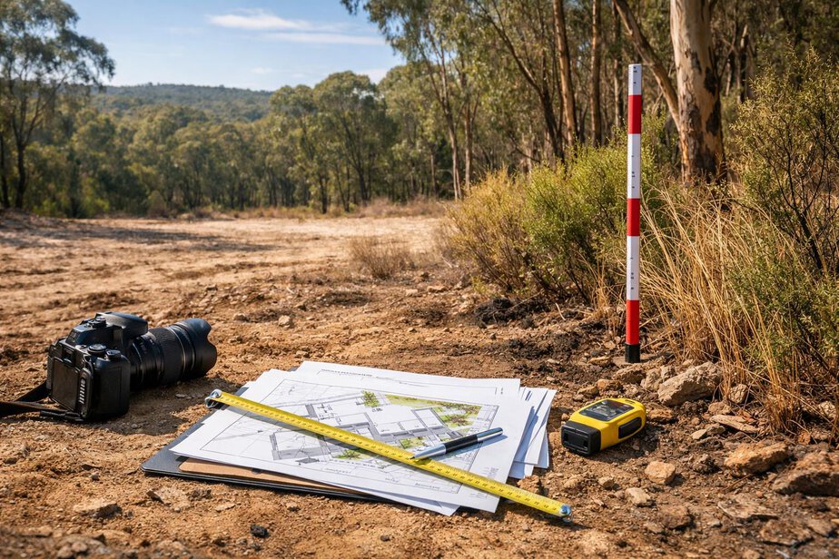 Measured building site with documents and vegetation edge