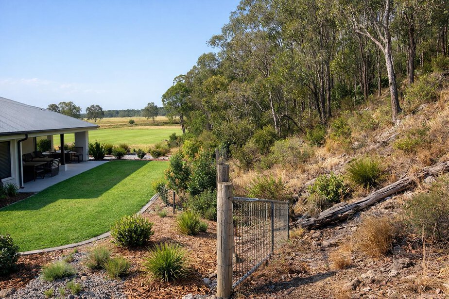 Property boundary with open space on one side and denser sloping vegetation on the other
