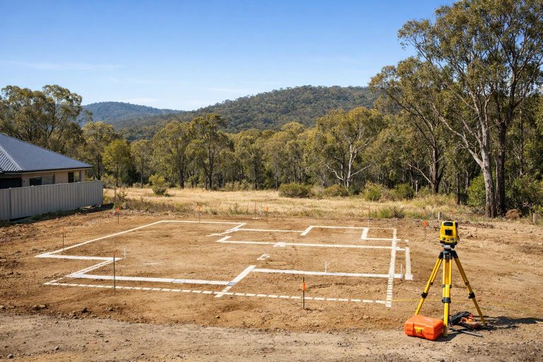Suburban house site near bushland with a cleared building area and surrounding vegetation
