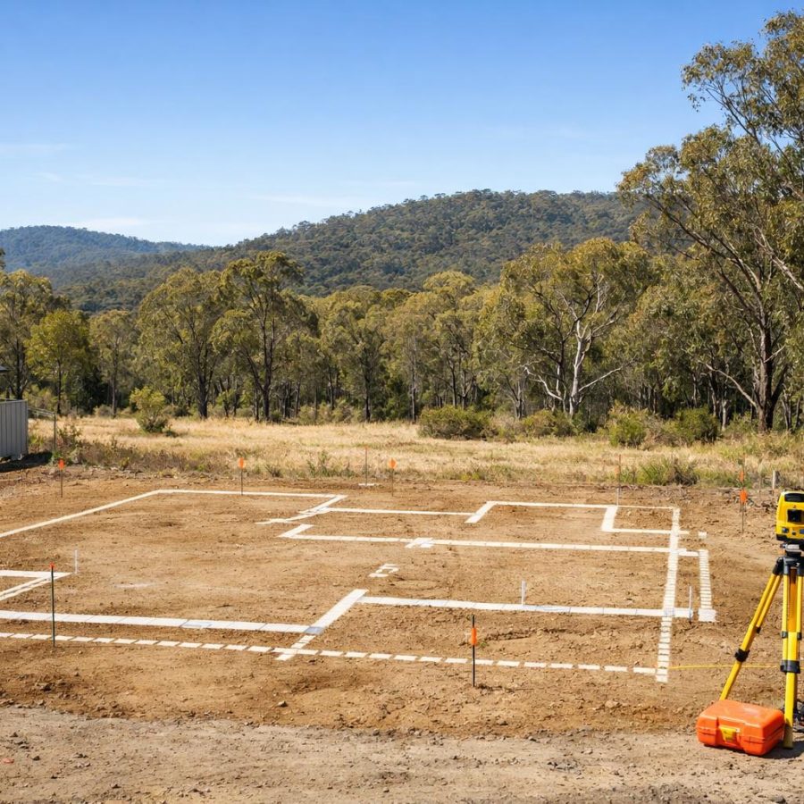 Suburban house site near bushland with a cleared building area and surrounding vegetation