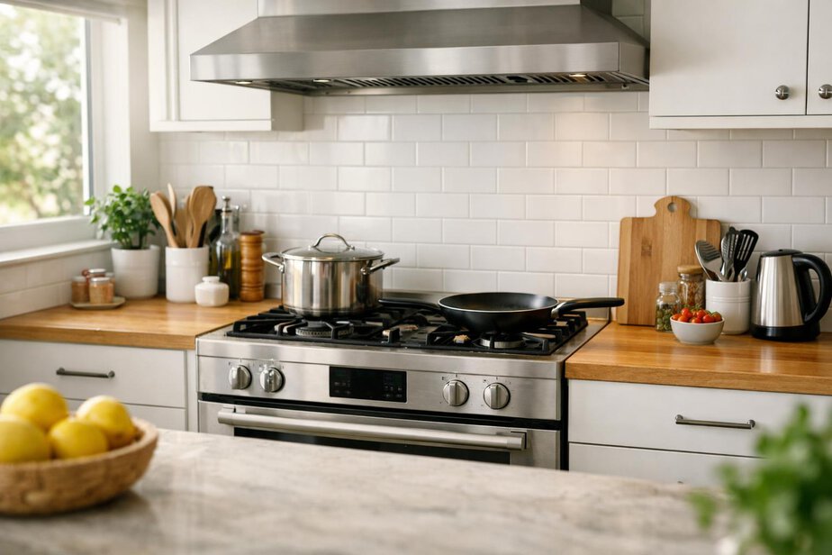 A kitchen with clear space around the stove and surrounding benchtop area.