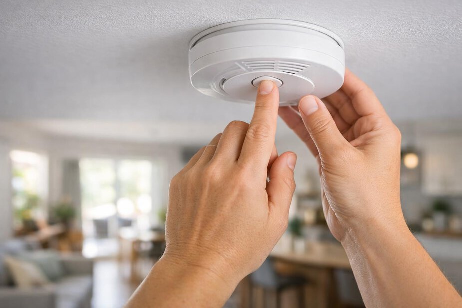 Hands testing a smoke alarm in a home interior.