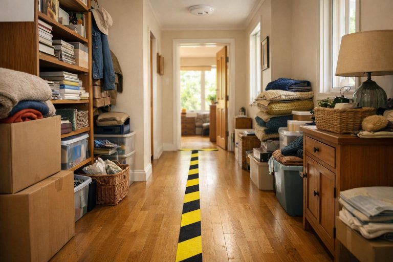A clear hallway path through a cluttered home with a smoke alarm on the ceiling.