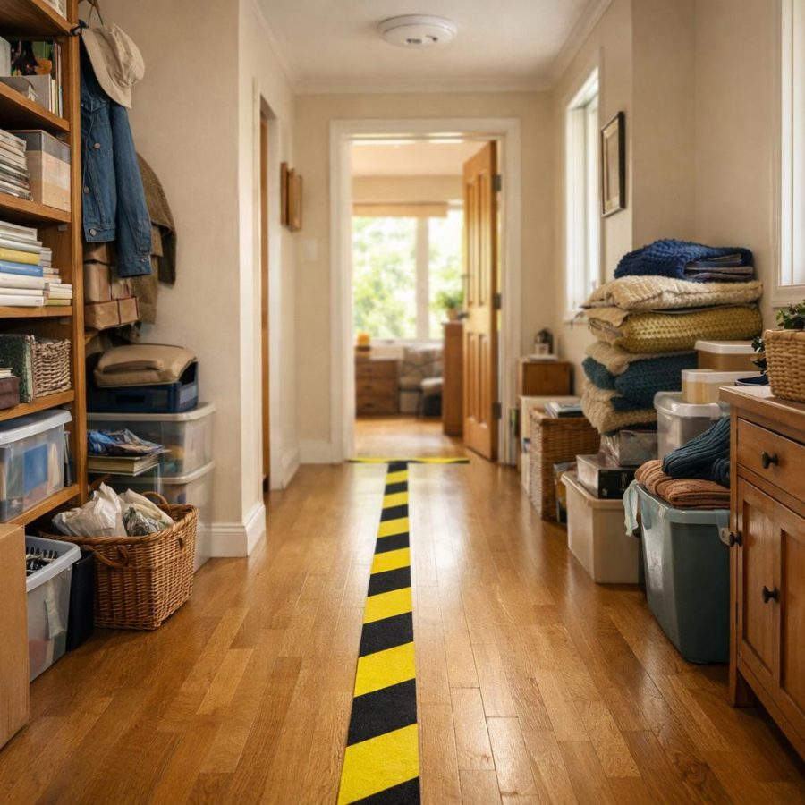 A clear hallway path through a cluttered home with a smoke alarm on the ceiling.