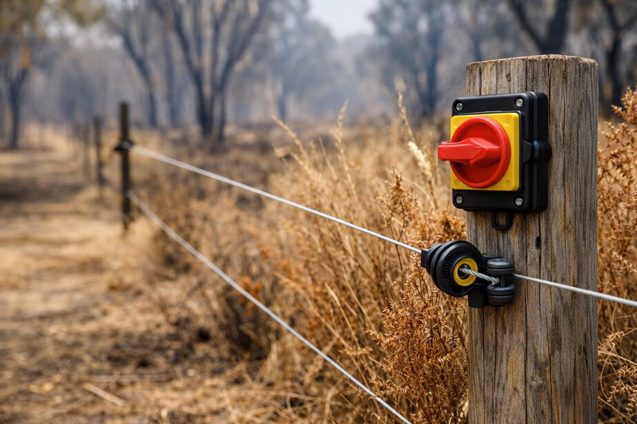 An electric fence wire beside dry grass with an isolation switch on a fence post.