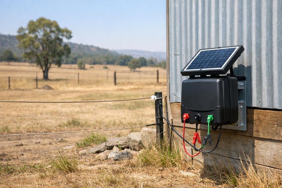 A solar-powered electric fence energiser mounted near a shed with clear space around it.