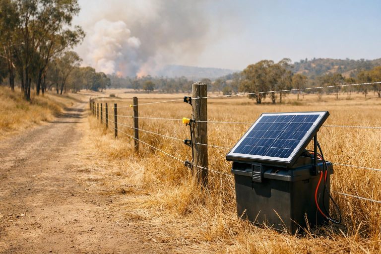 A rural property fence line beside dry grass with a solar electric fence energiser nearby.