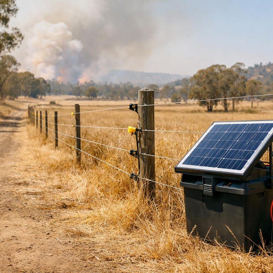 A rural property fence line beside dry grass with a solar electric fence energiser nearby.