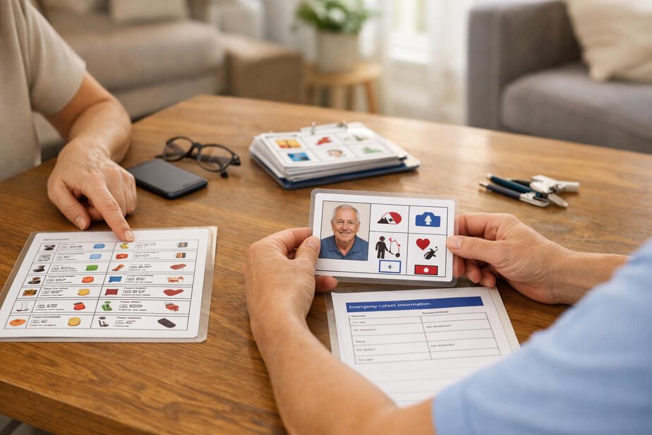 A carer preparing a simple emergency communication card at a desk.