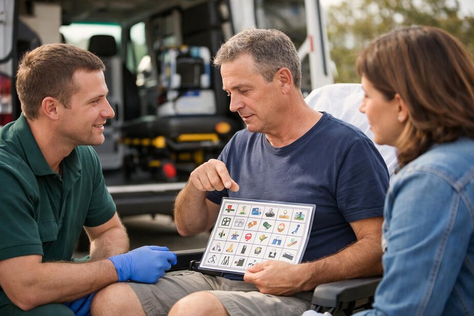 An emergency responder calmly communicating with an adult using gestures and a communication aid.