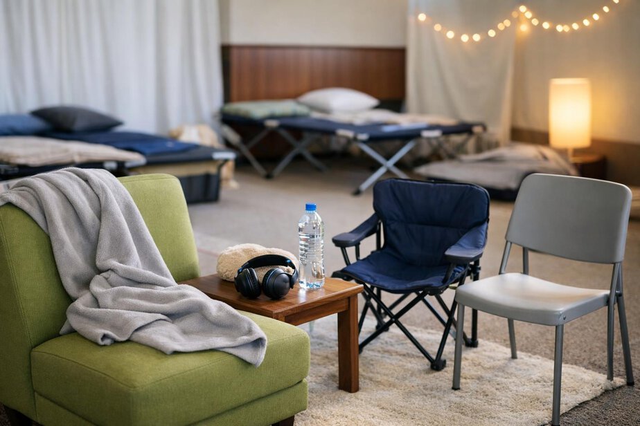 Quiet seating area set up in a community evacuation centre