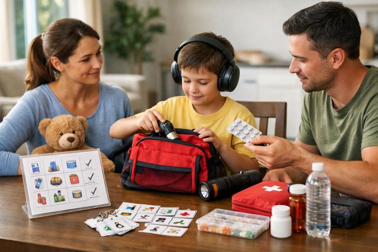 Family preparing an emergency kit with visual checklist, headphones and communication cards on a table