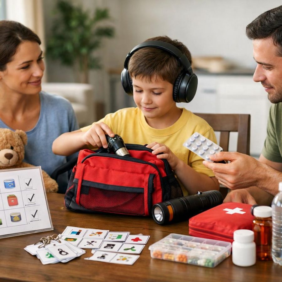 Family preparing an emergency kit with visual checklist, headphones and communication cards on a table