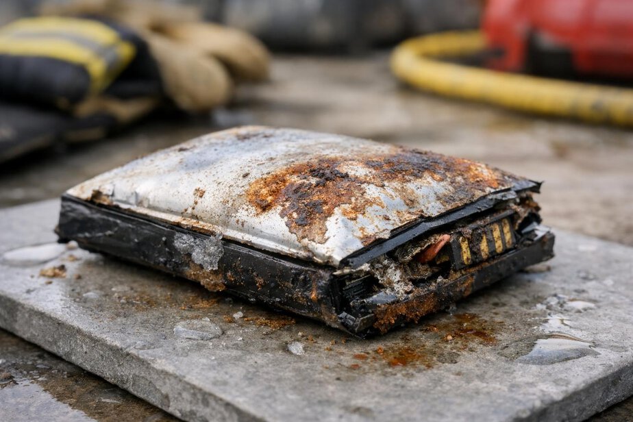 Corroded swollen lithium-ion battery with visible flood damage